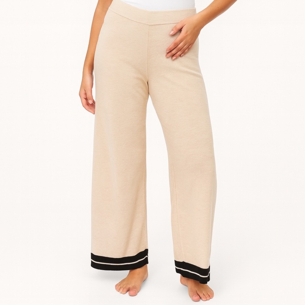 Wide-Leg Knit Lounge Pants in Beige with Black Trim